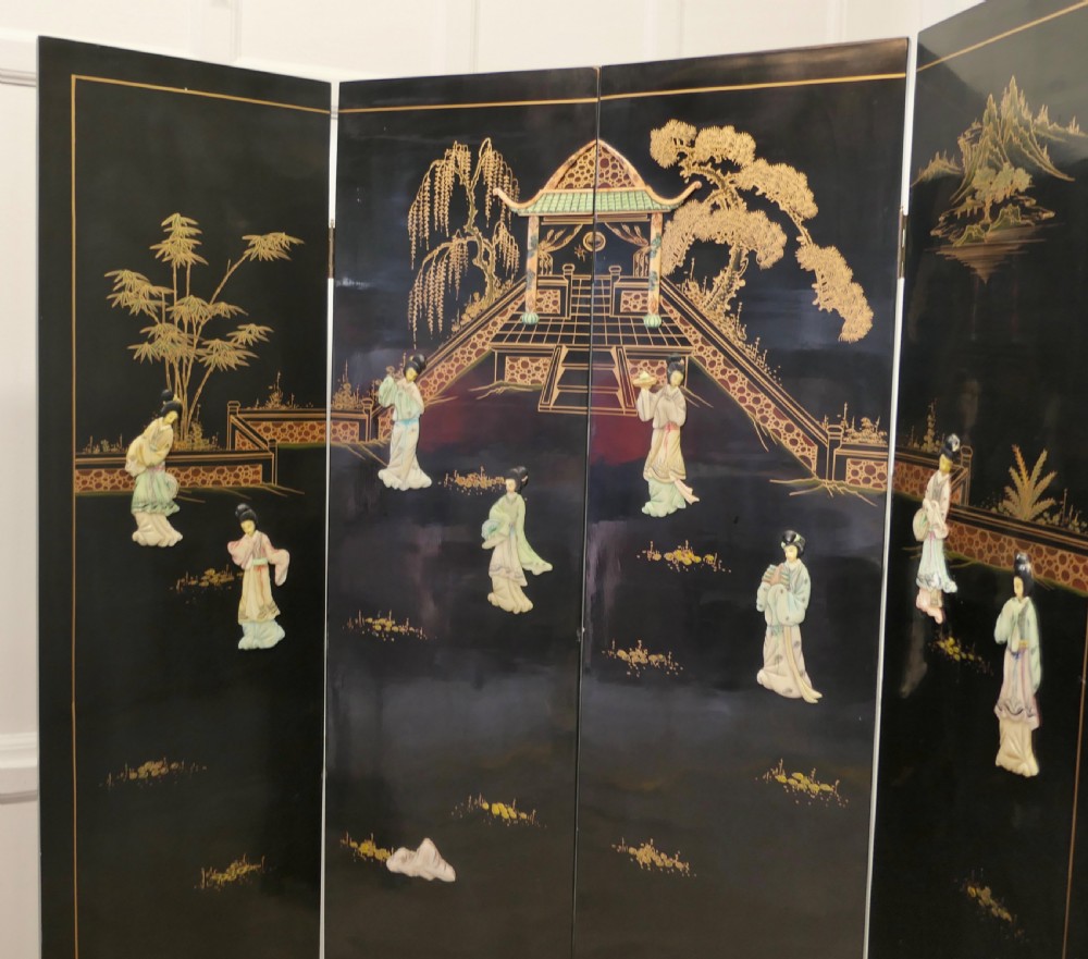 Japanese Etched Lacquer and Painted Folding Screen  View III