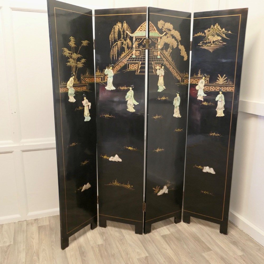 Japanese Etched Lacquer and Painted Folding Screen  View IV
