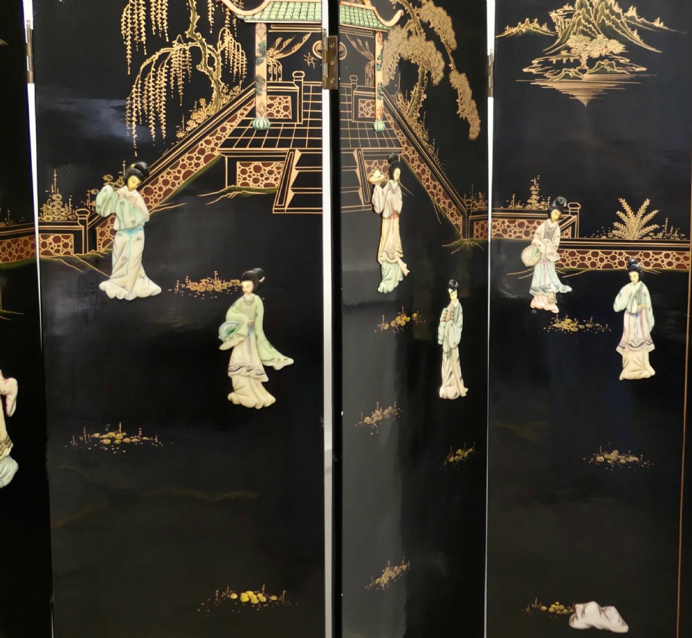 Japanese Etched Lacquer and Painted Folding Screen  View V