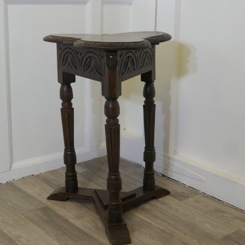  Carved Gothic Oak Clover Leaf Table with Secret Compartment