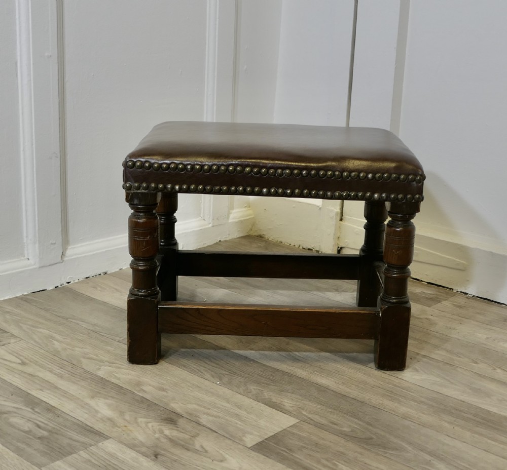 Superb Studded Leather Oak Foot Stool