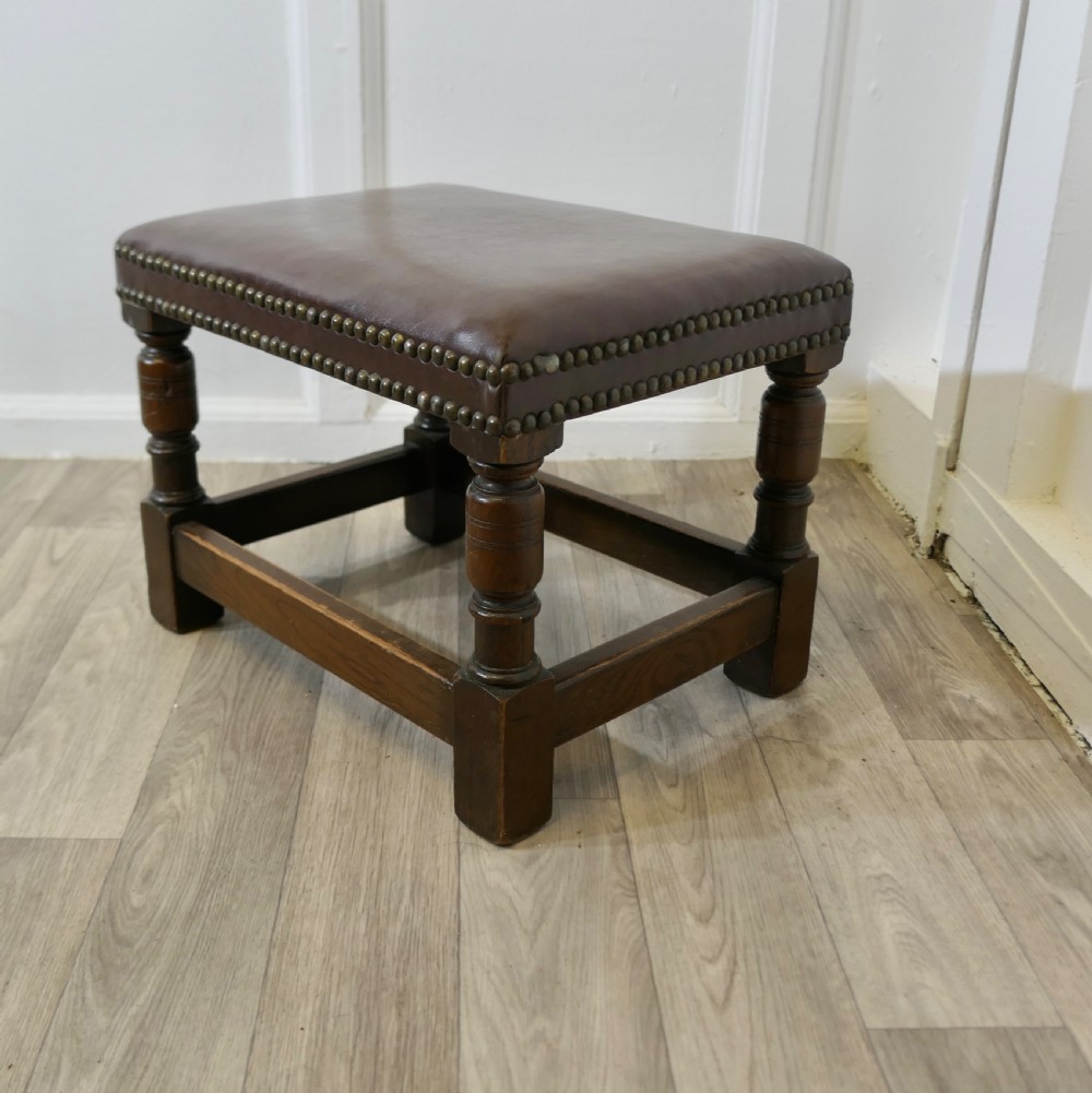 Superb Studded Leather Oak Foot Stool View III