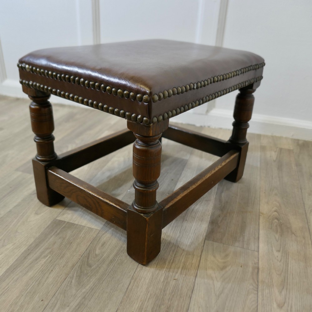 Superb Studded Leather Oak Foot Stool View V