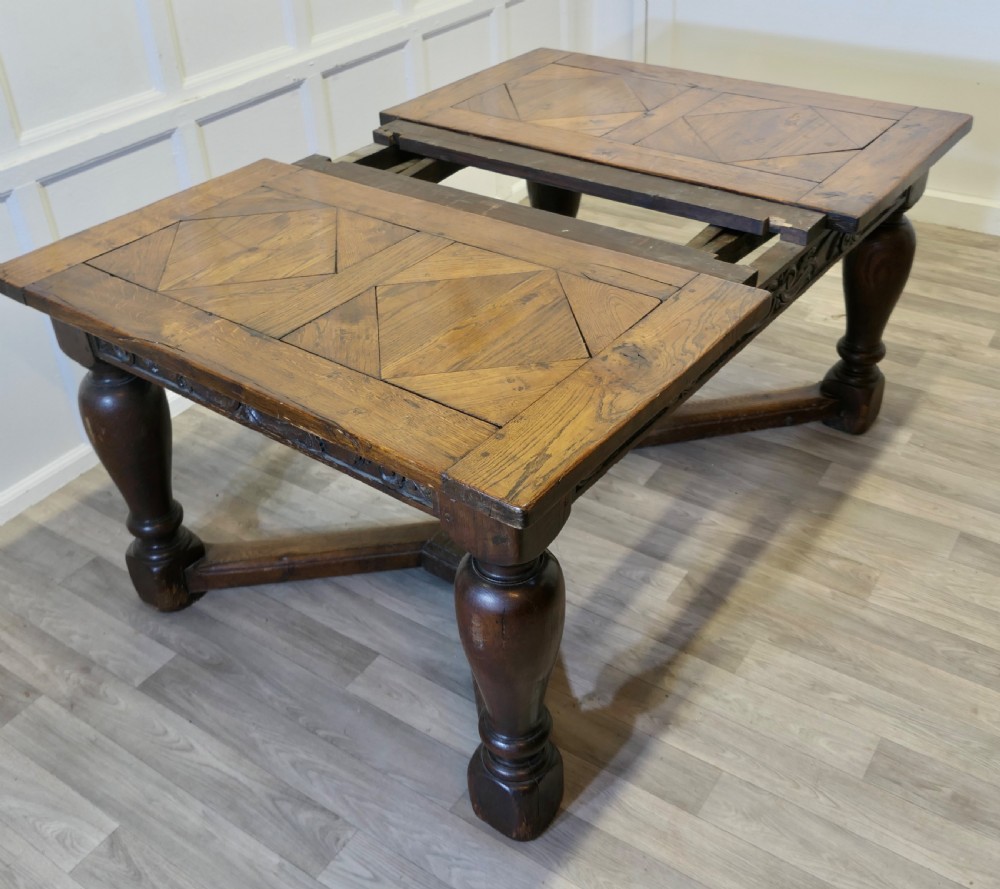  
9ft, 19th Century Carved and Marquetry Oak Draw Leaf Table View V
