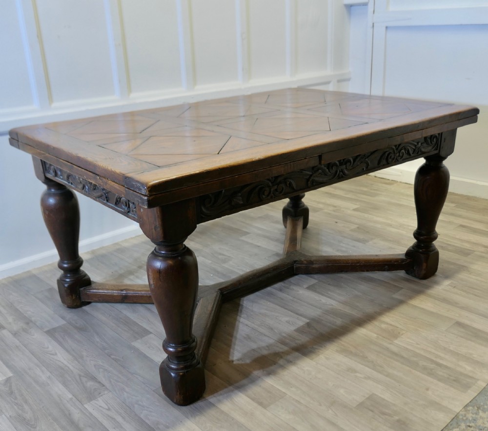  
9ft, 19th Century Carved and Marquetry Oak Draw Leaf Table View VI