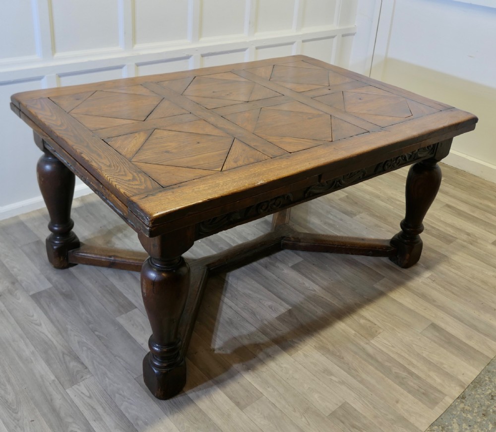  
9ft, 19th Century Carved and Marquetry Oak Draw Leaf Table View VII