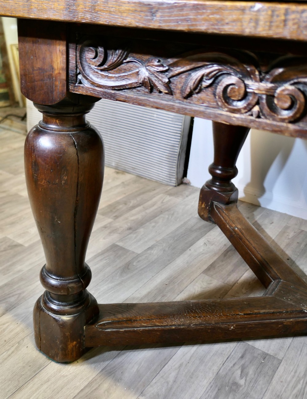  
9ft, 19th Century Carved and Marquetry Oak Draw Leaf Table View VIII