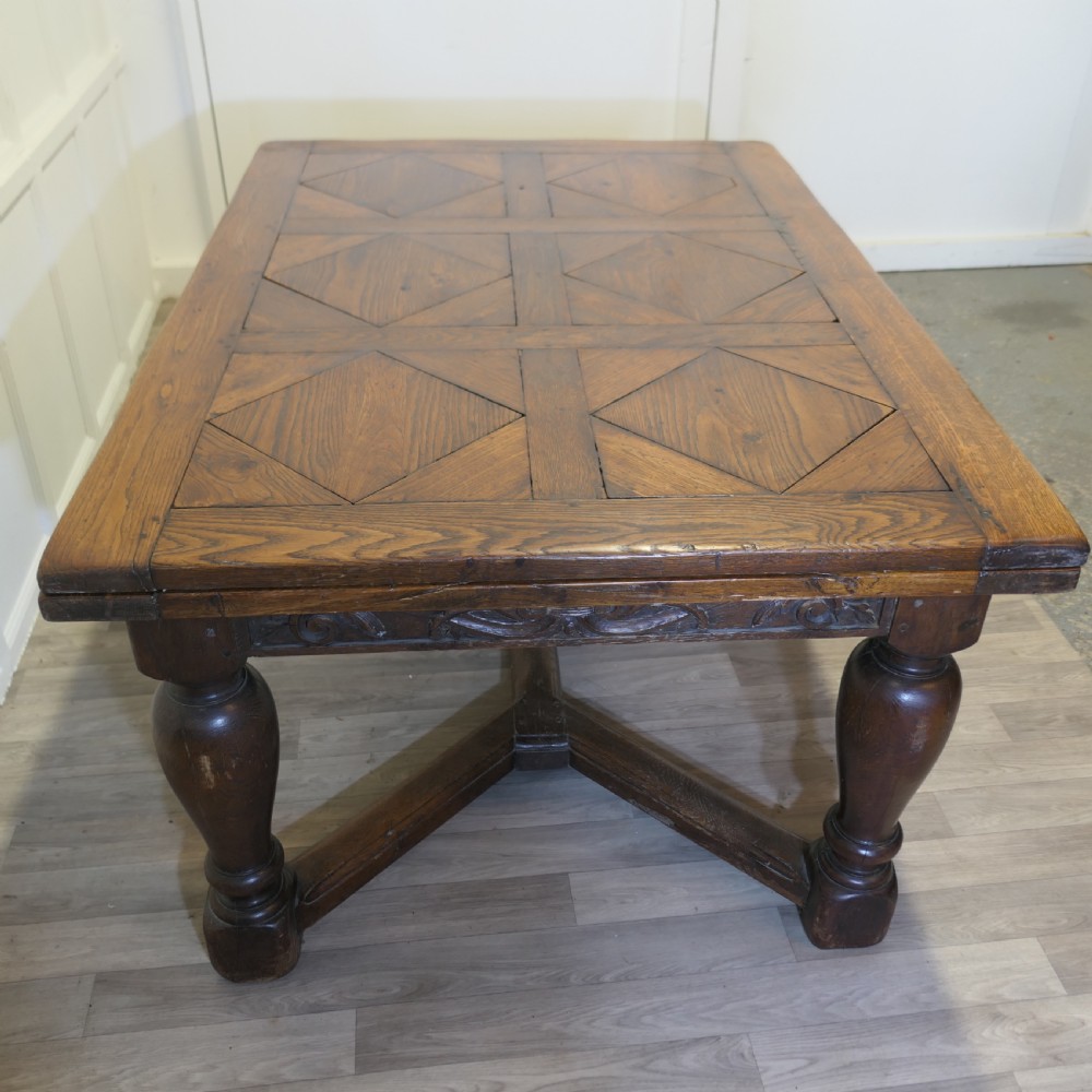  
9ft, 19th Century Carved and Marquetry Oak Draw Leaf Table View X