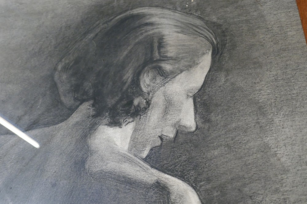 A full-length charcoal study of a standing female nude in profile and back view, set within a polished timber frame. View VI
