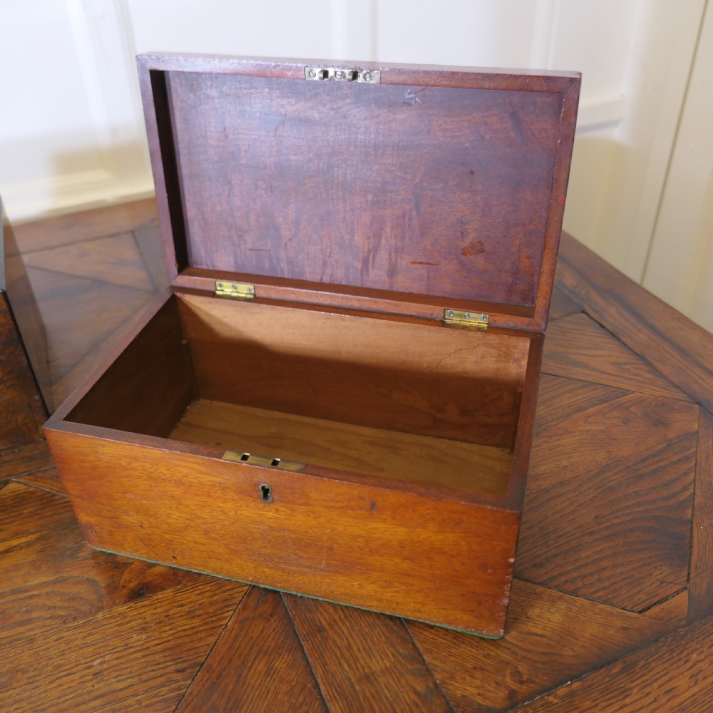 A set of three polished antique burr walnut storage boxes featuring brass keyhole escutcheons resting on a parquet floor. View XVII
