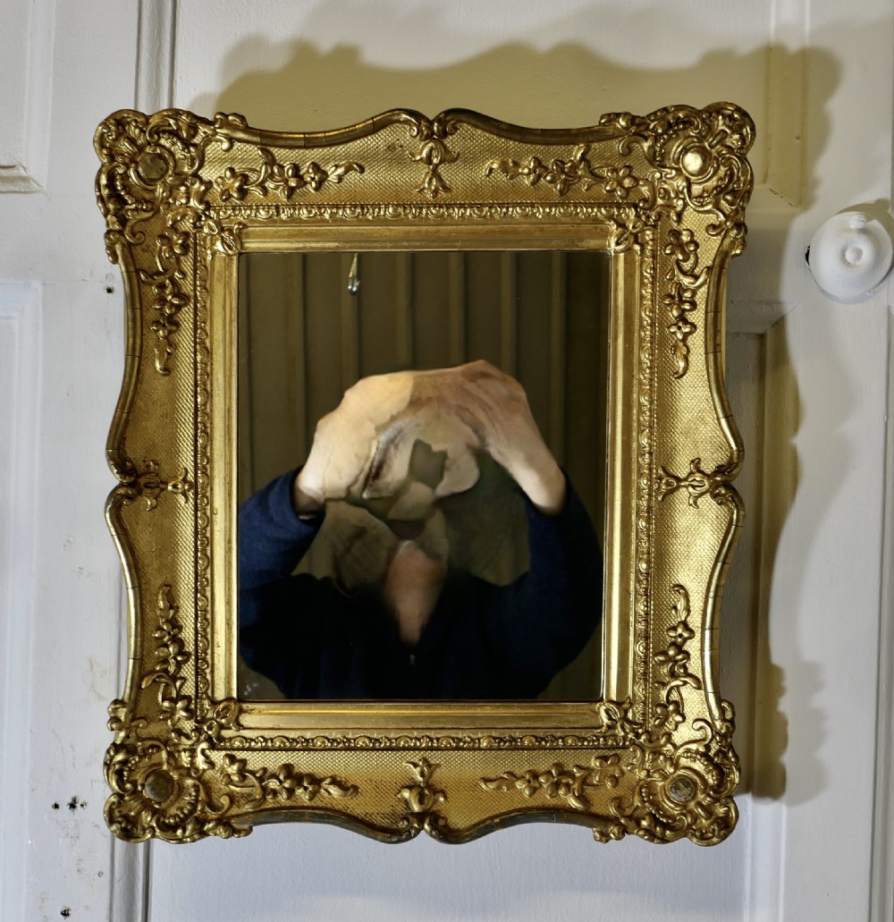 A nineteenth-century French rectangular wall mirror featuring an ornate giltwood frame with floral mouldings and a textured cross-hatched ground. View II