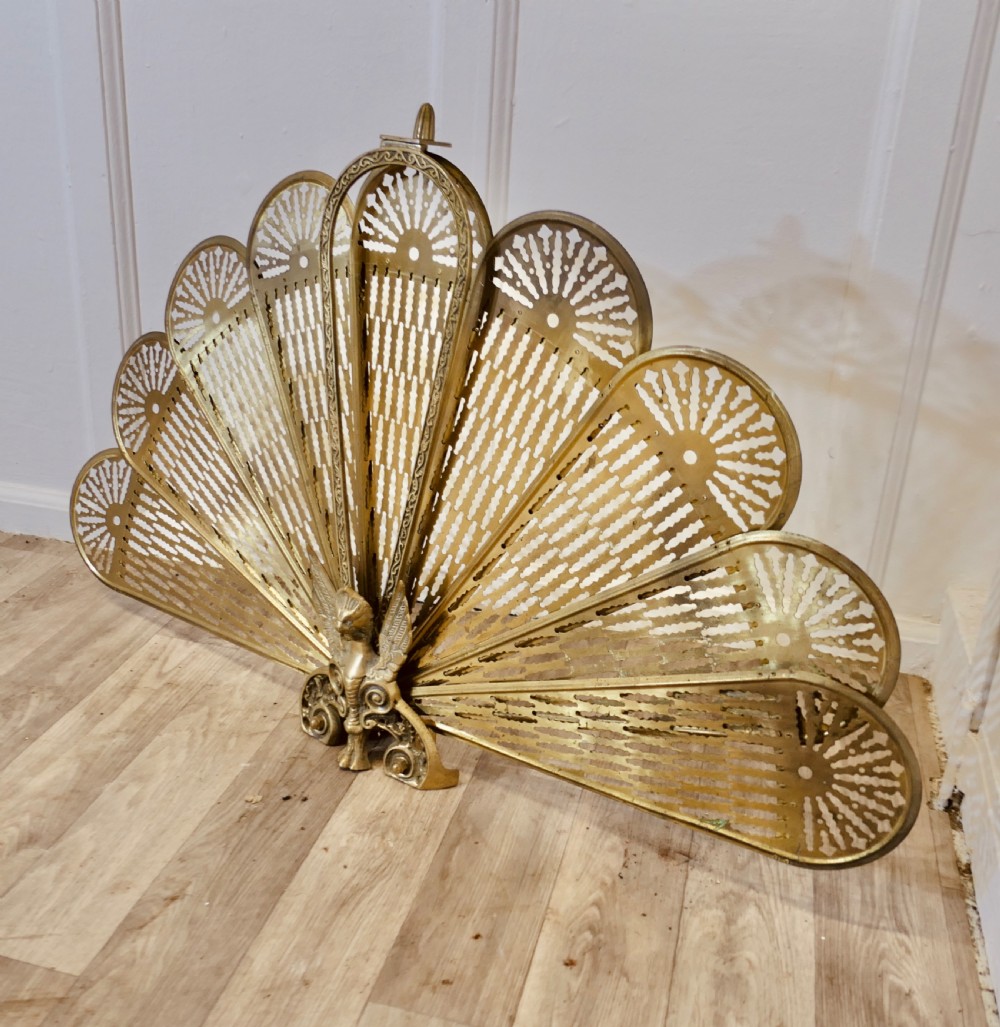 French Folding Brass Fan Fire Screen Peacock’s Tail Fire Guard View II