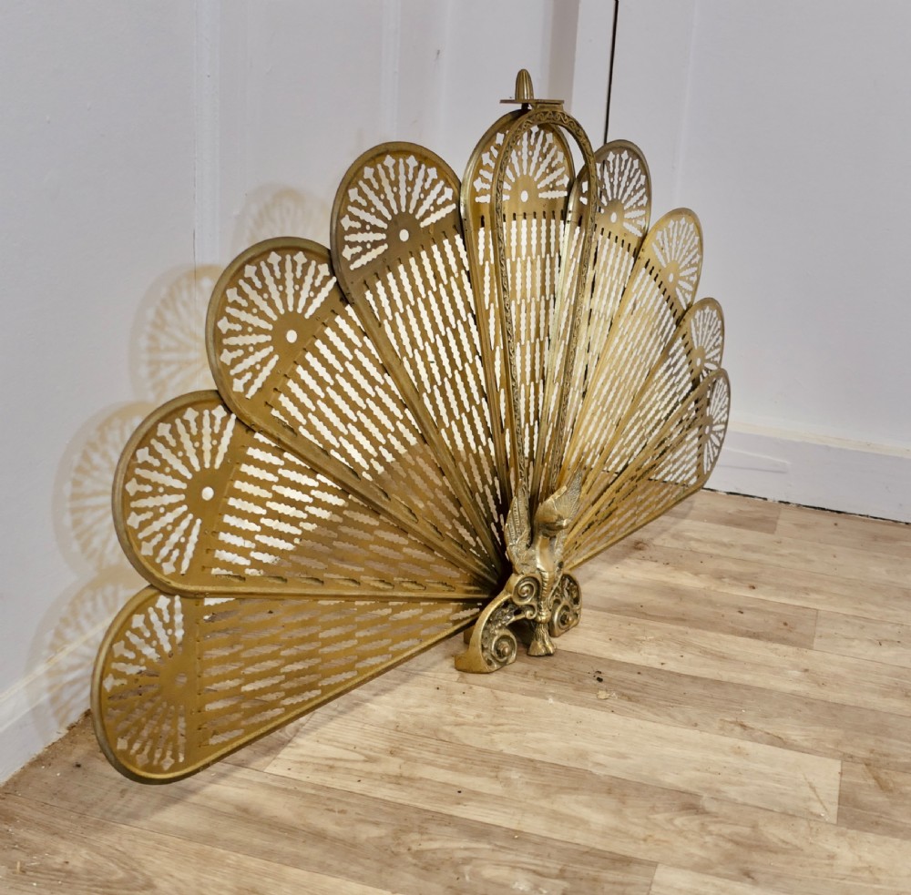 French Folding Brass Fan Fire Screen Peacock’s Tail Fire Guard View III