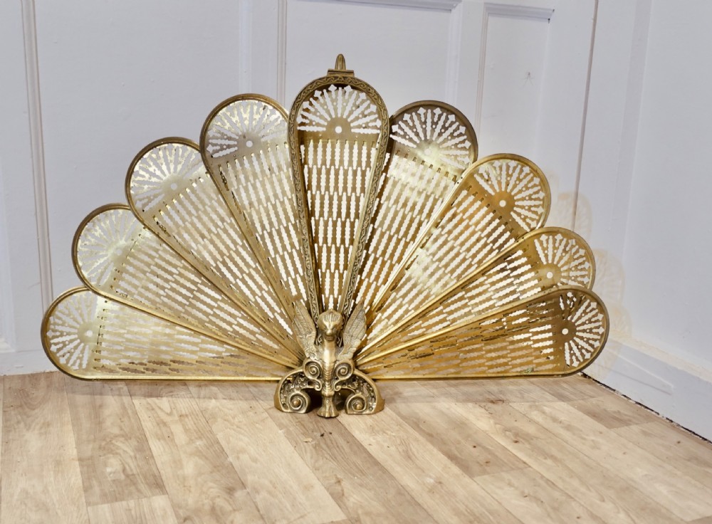 French Folding Brass Fan Fire Screen Peacock’s Tail Fire Guard View VIII