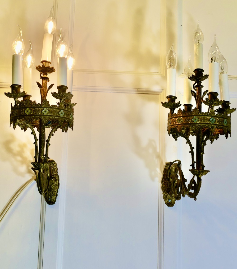Early 19th C Pair of French Brass and Enamel 5 Candle Wall Sconces 