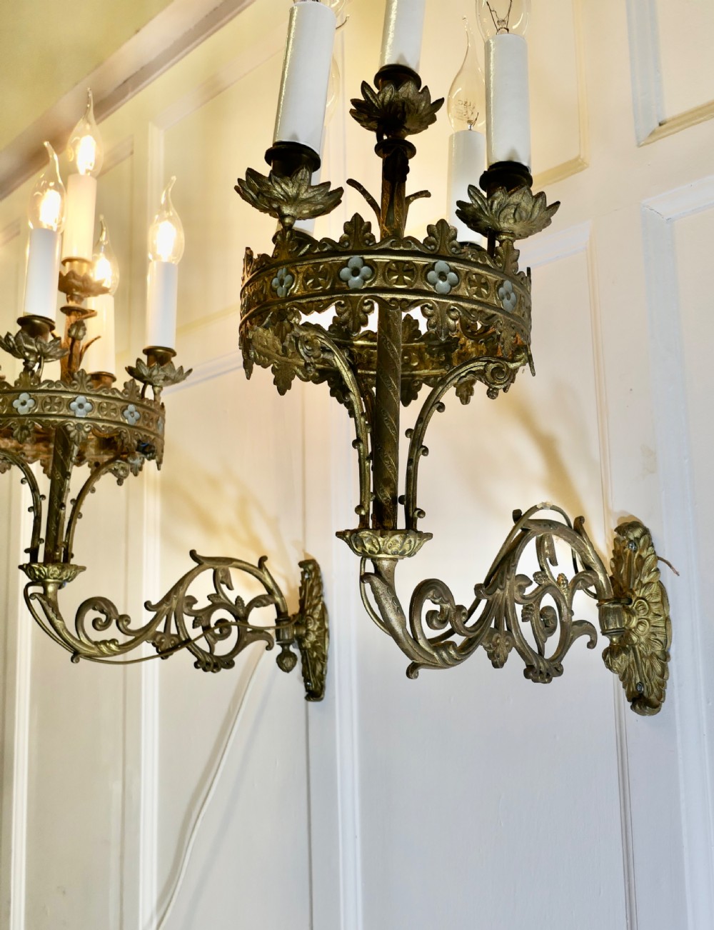 Early 19th C Pair of French Brass and Enamel 5 Candle Wall Sconces  View V