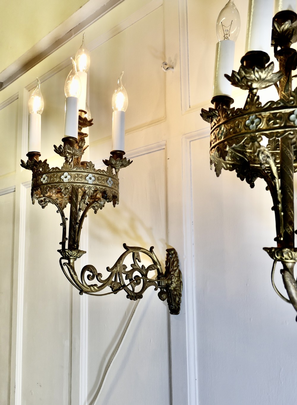 Early 19th C Pair of French Brass and Enamel 5 Candle Wall Sconces  View VI