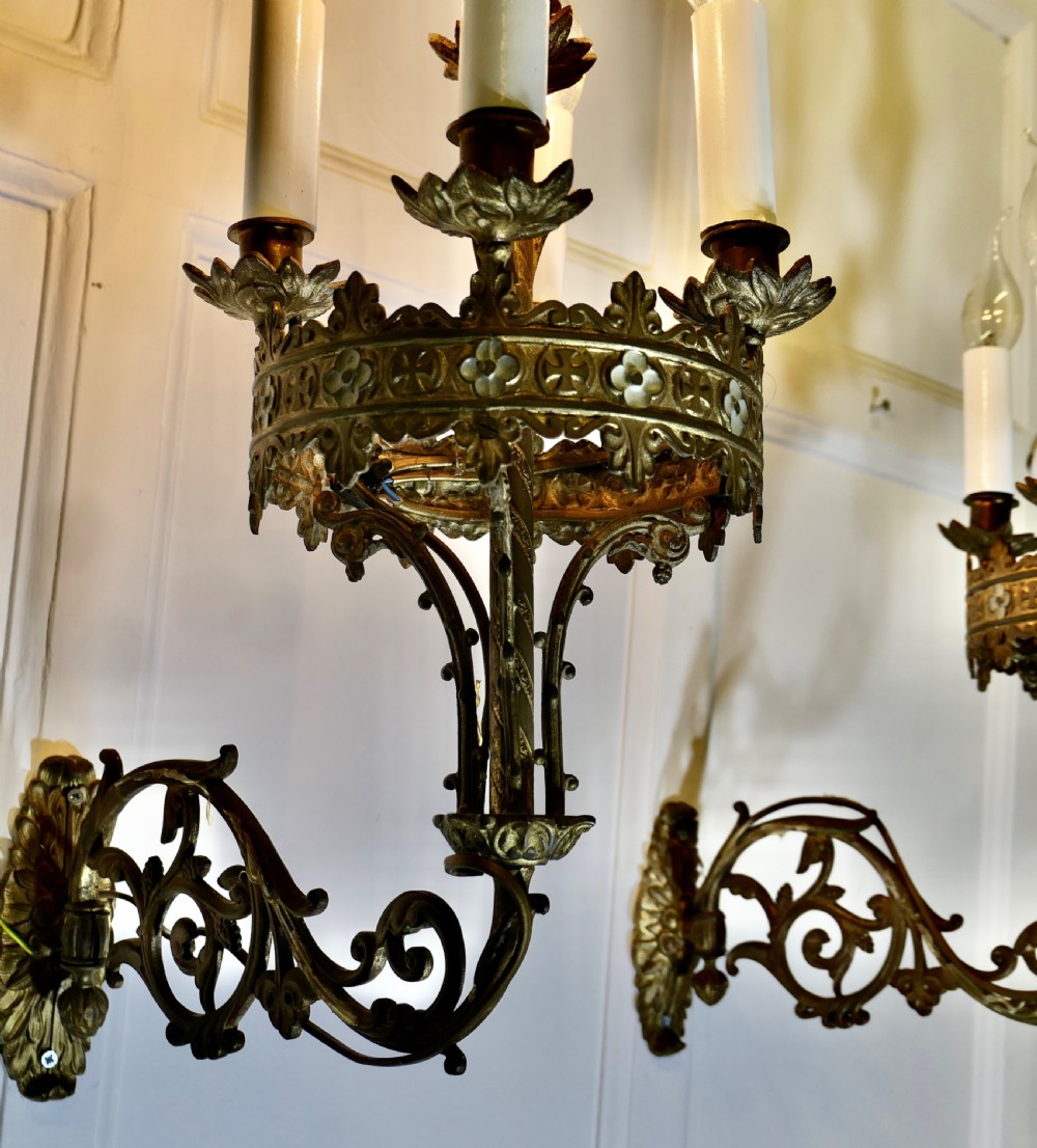 Early 19th C Pair of French Brass and Enamel 5 Candle Wall Sconces  View VIII