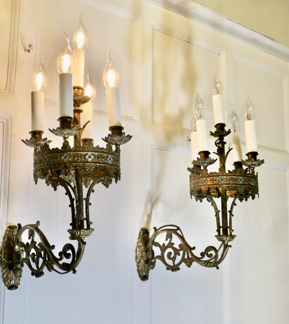Early 19th C Pair of French Brass and Enamel 5 Candle Wall Sconces  View IX