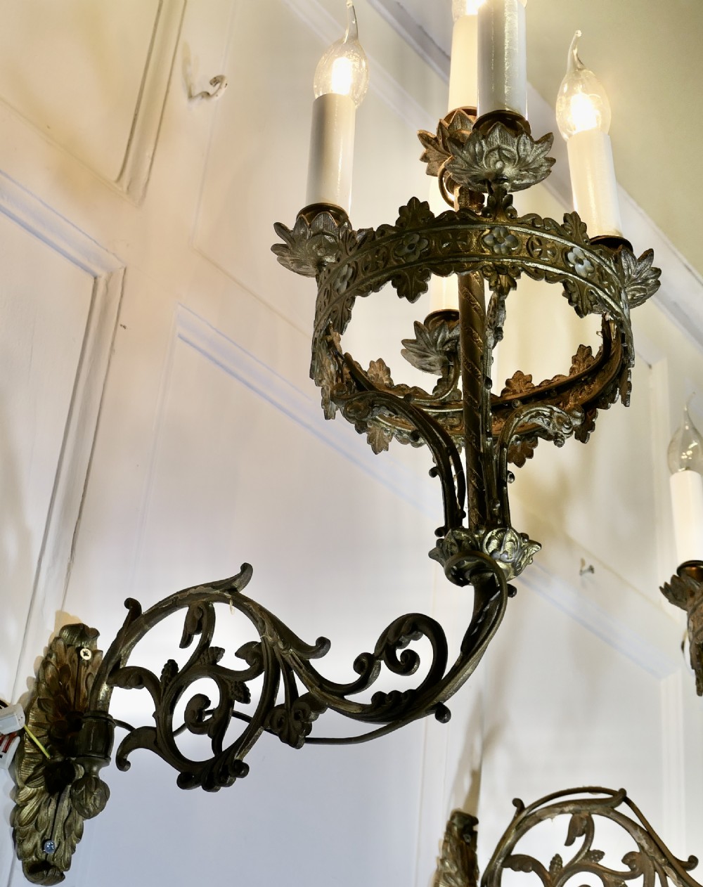 Early 19th C Pair of French Brass and Enamel 5 Candle Wall Sconces  View X