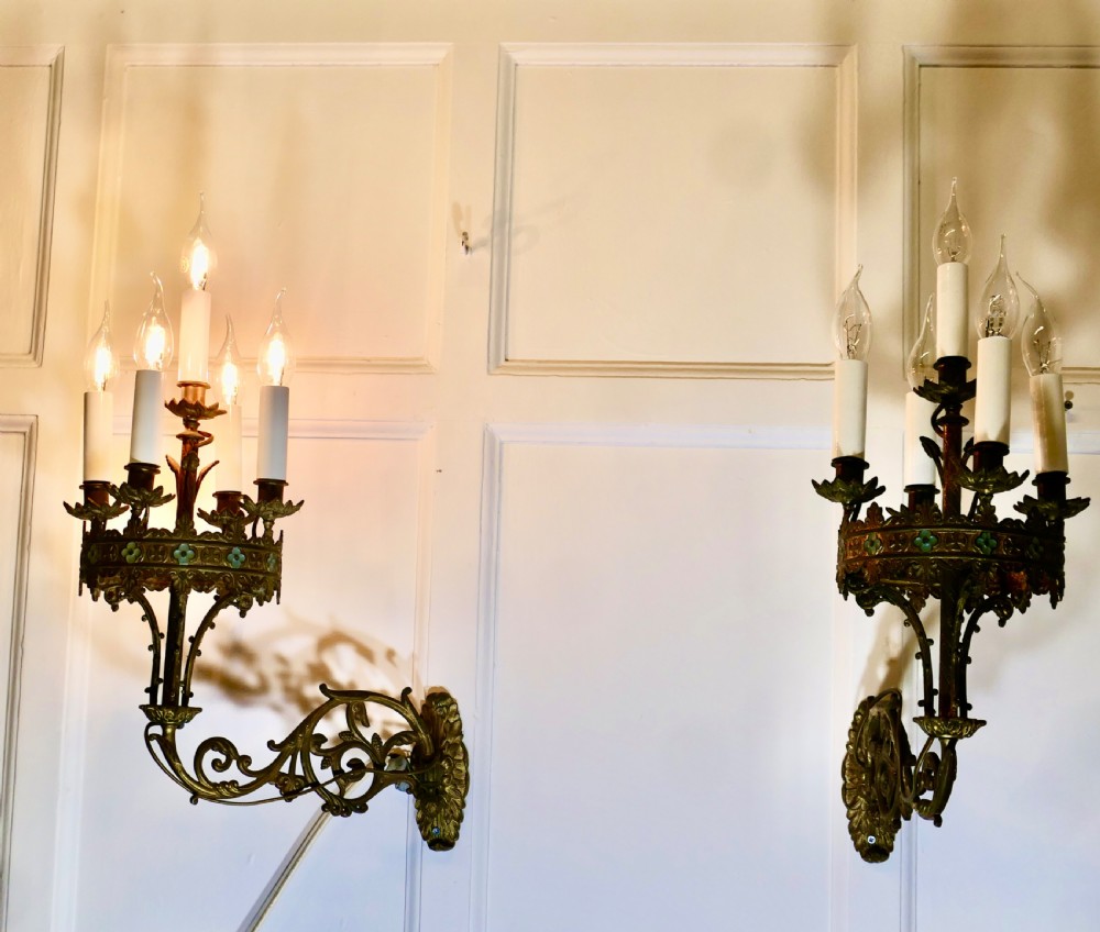 Early 19th C Pair of French Brass and Enamel 5 Candle Wall Sconces  View XI