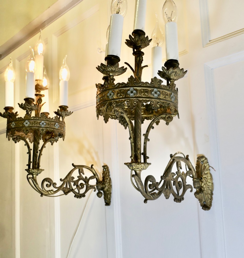 Early 19th C Pair of French Brass and Enamel 5 Candle Wall Sconces  View XIV