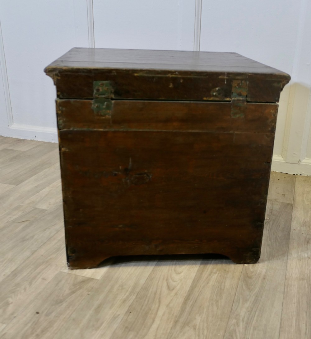 A dark oak square storage chest featuring a hinged lid open to reveal a green painted interior. View VII