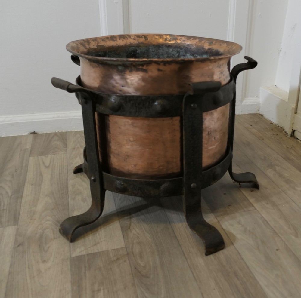 Heavy Arts and Crafts Copper and Wrought Iron Log Bin  