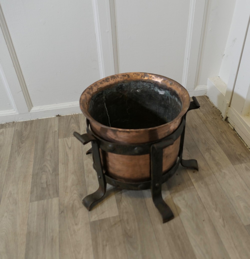 Heavy Arts and Crafts Copper and Wrought Iron Log Bin   View II