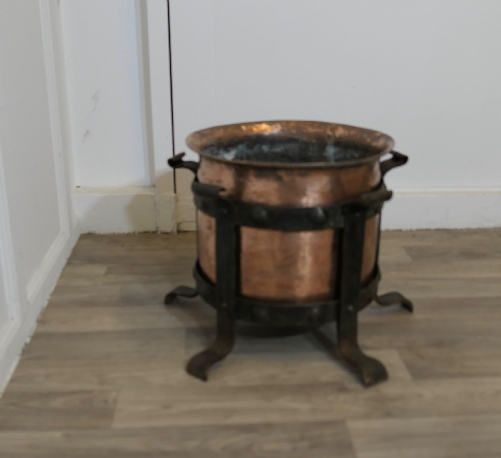 Heavy Arts and Crafts Copper and Wrought Iron Log Bin   View III