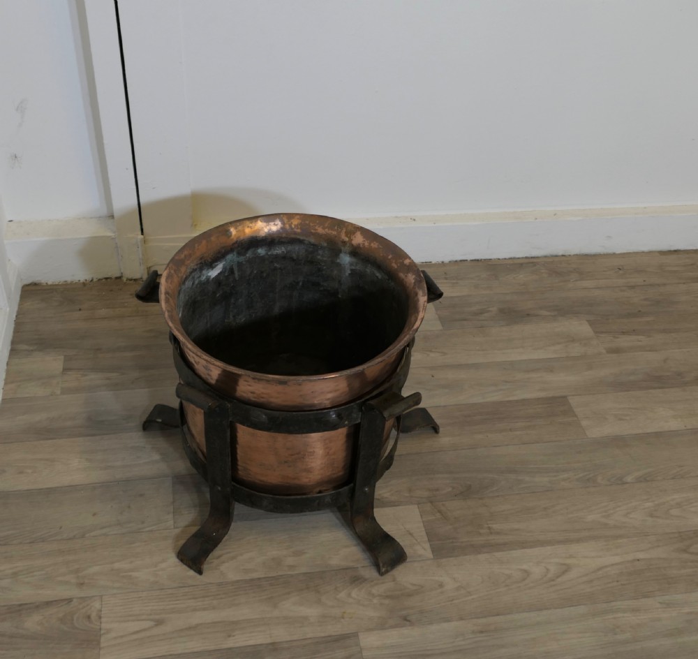 Heavy Arts and Crafts Copper and Wrought Iron Log Bin   View IV