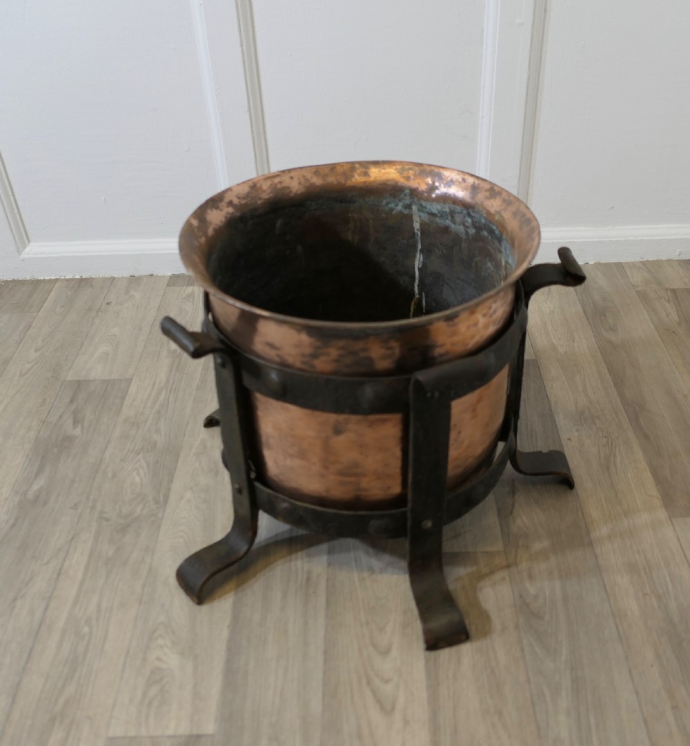 Heavy Arts and Crafts Copper and Wrought Iron Log Bin   View VII