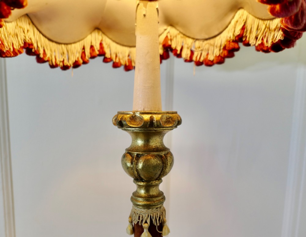 An antique French floor lamp with a gilded metal base, a velvet-wrapped central column, and a pink fabric lampshade featuring detailed fringe tassels. View IX