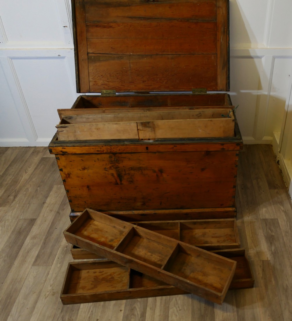 A rectangular Victorian pine carpenters chest featuring visible dovetail joinery, a hinged lid, and a keyhole escutcheon. View VIII