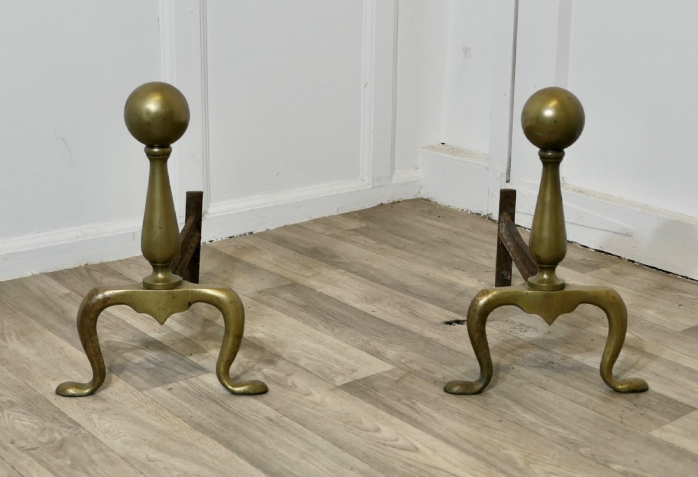 A Chunky Pair of French 19th Century Brass Andirons or Fire Dogs