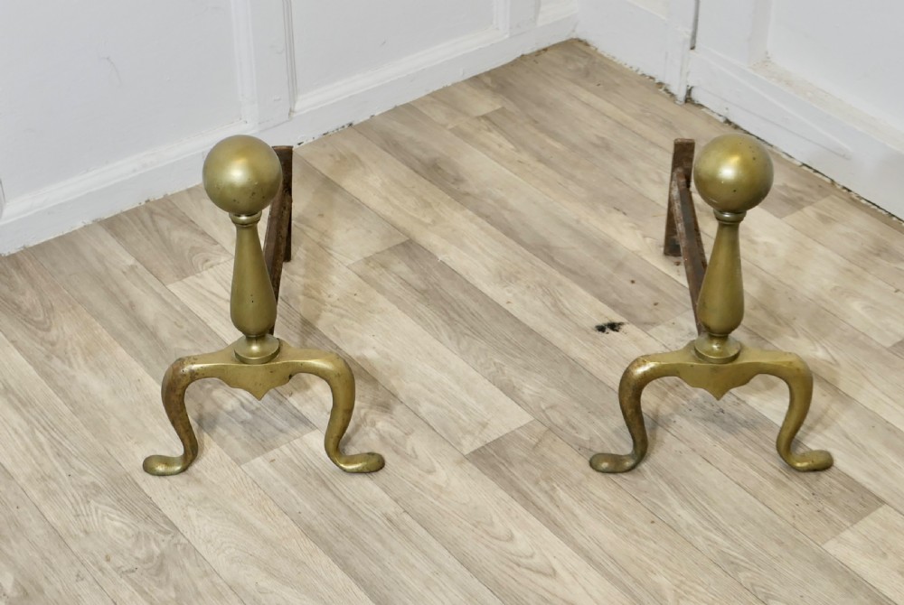 A Chunky Pair of French 19th Century Brass Andirons or Fire Dogs View II