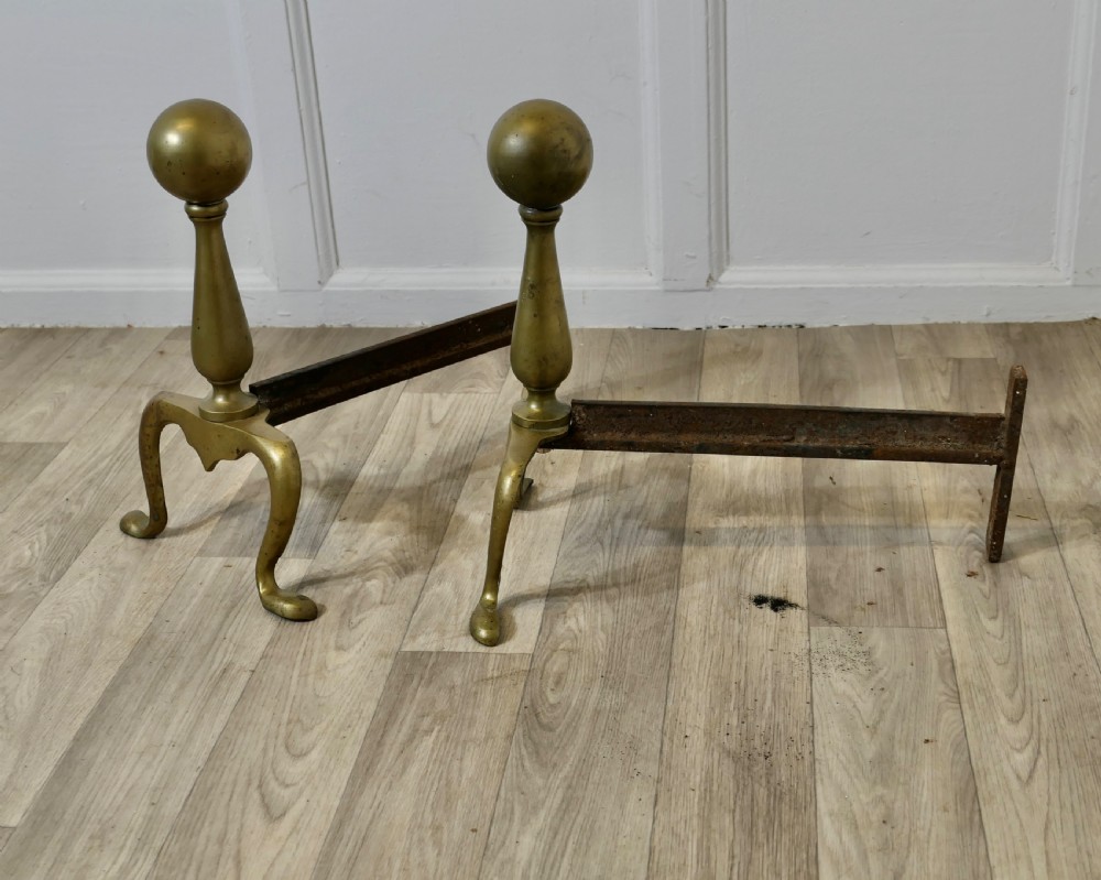 A Chunky Pair of French 19th Century Brass Andirons or Fire Dogs View IV