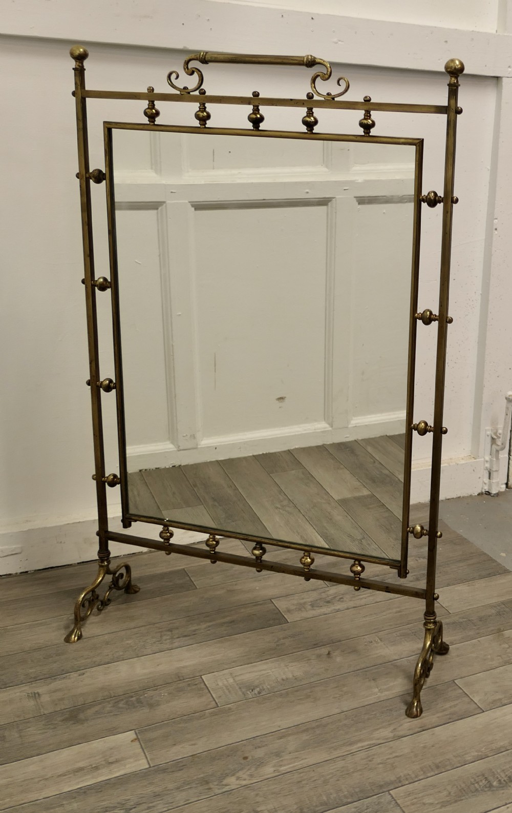 Tall Art Nouveau Brass and Mirror Fire Screen