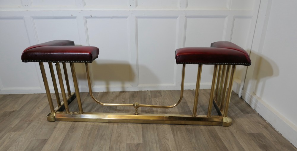 An Extending Brass and Leather Club Fender View V