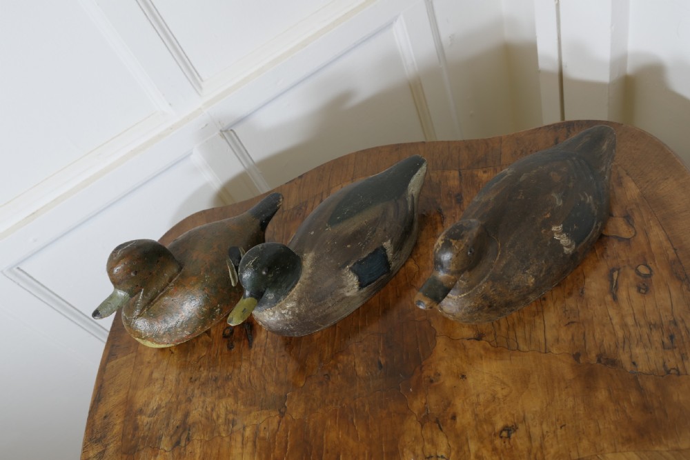 Three hand-carved and painted wooden decoy ducks with weathered finishes rest on a polished timber surface. View IV