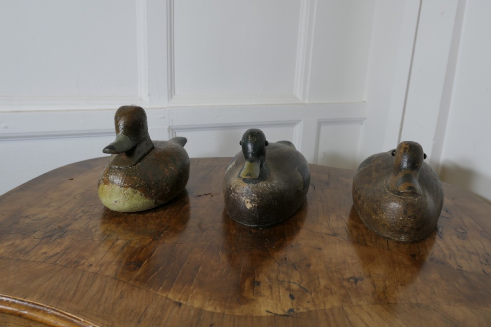 Three hand-carved and painted wooden decoy ducks with weathered finishes rest on a polished timber surface. View V