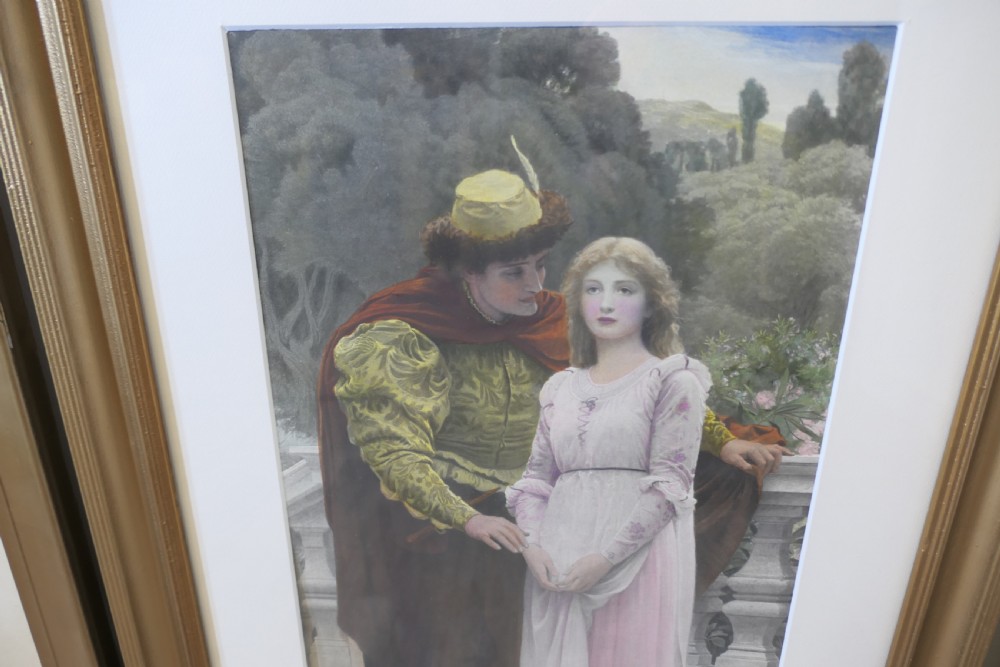 A set of three 19th-century framed Pre-Raphaelite style prints displaying romantic couples in classical attire within gilded frames. View VIII