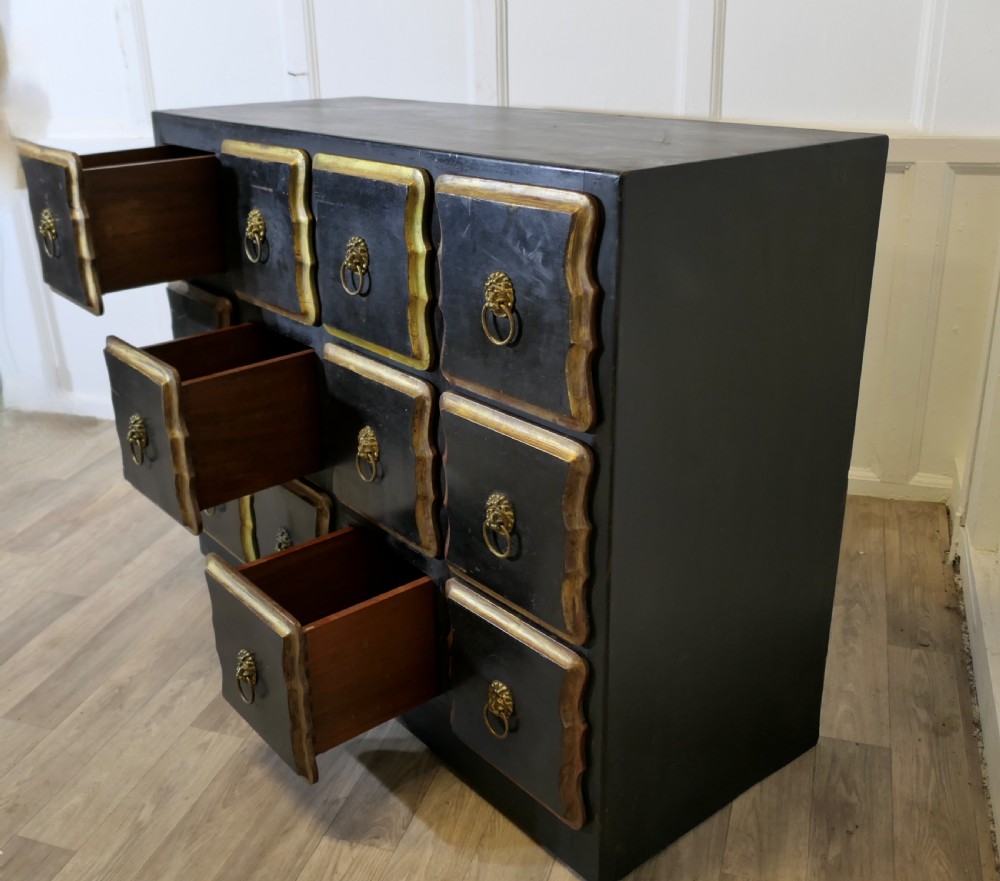 A black ebonised wooden chest featuring twelve small drawers detailed with contoured gold leaf borders and brass lion mask ring pulls. View VI