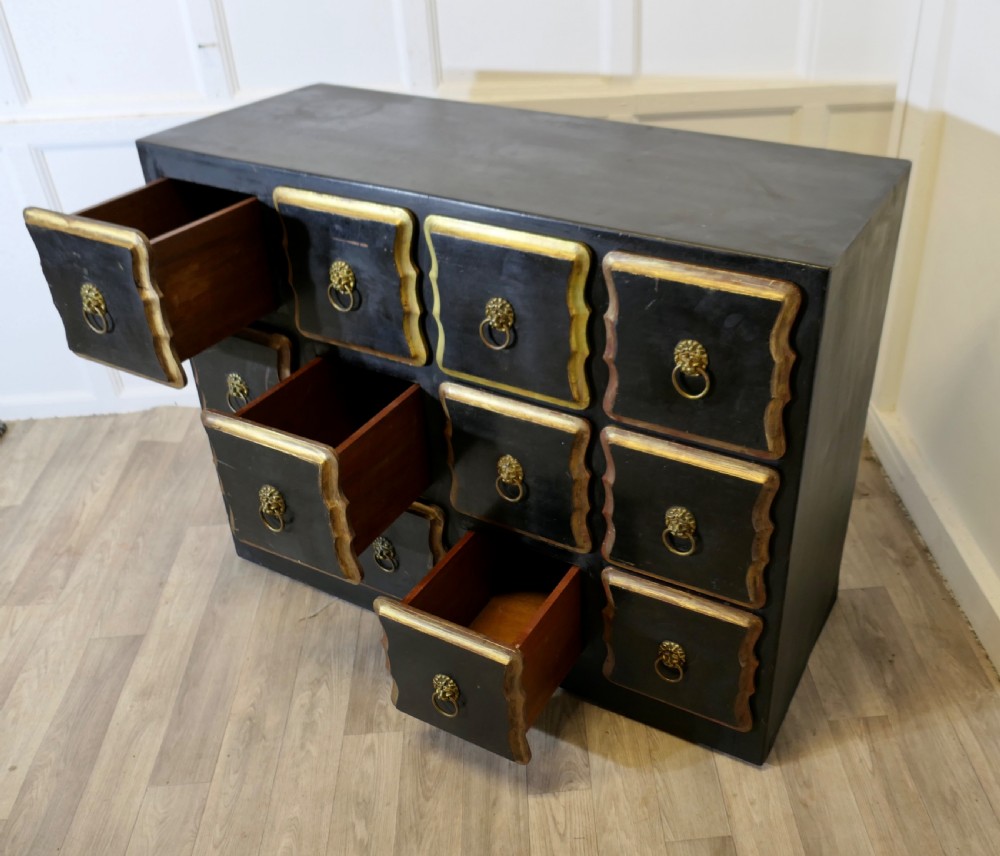 A black ebonised wooden chest featuring twelve small drawers detailed with contoured gold leaf borders and brass lion mask ring pulls. View VII