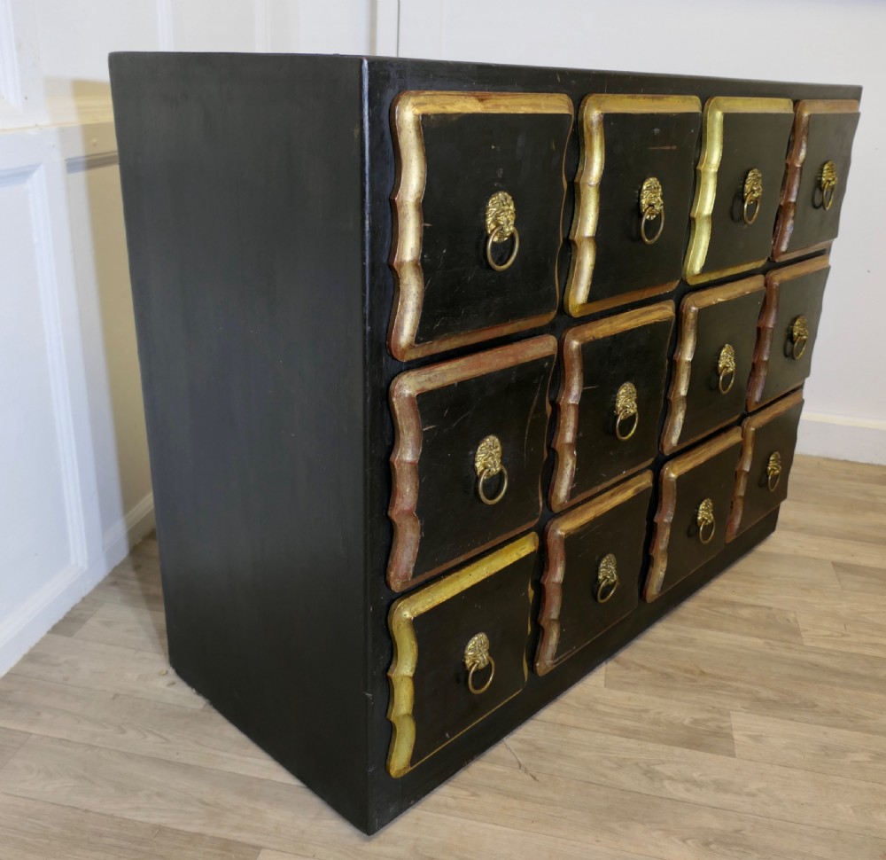 A black ebonised wooden chest featuring twelve small drawers detailed with contoured gold leaf borders and brass lion mask ring pulls. View VIII