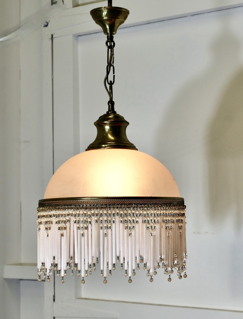 French Art Deco Pink Glass Light with Beaded Shade View II