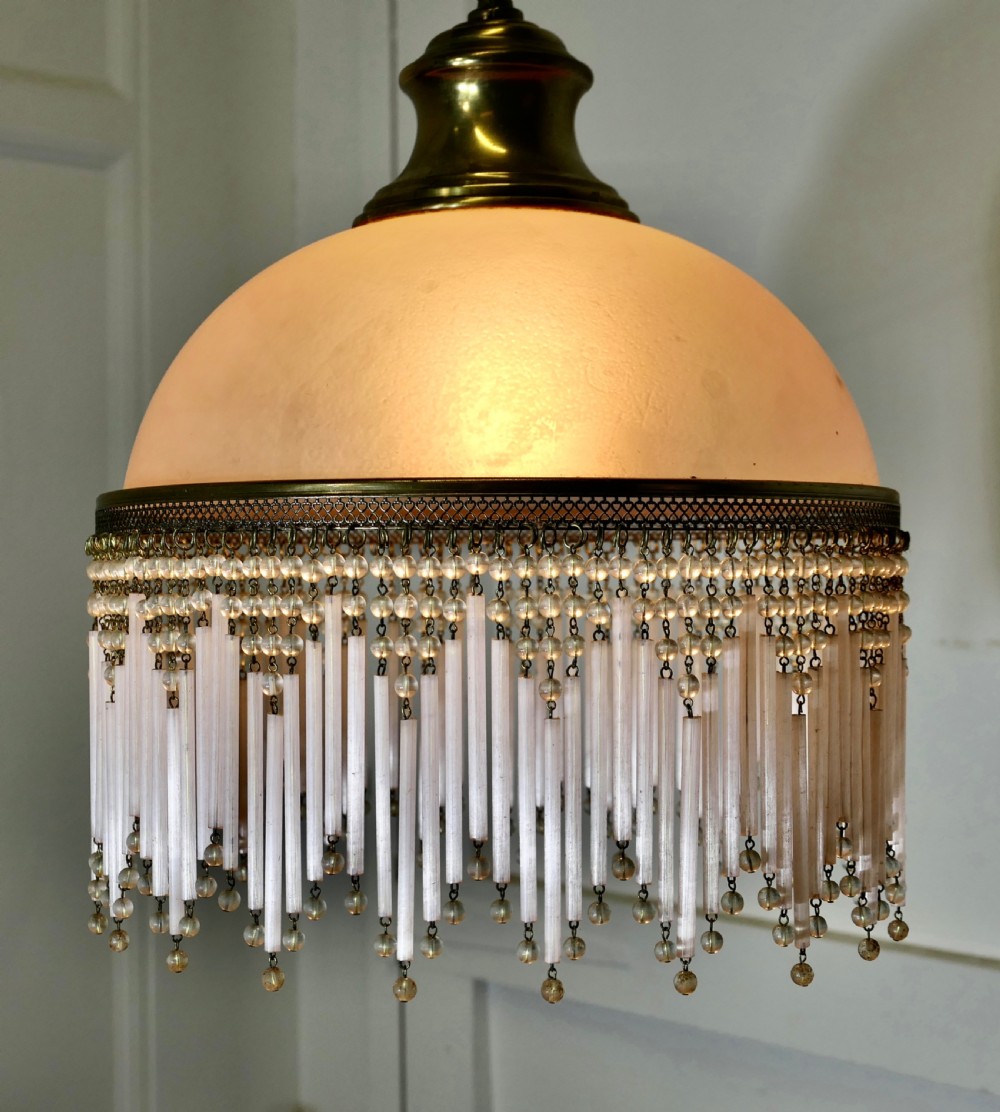 French Art Deco Pink Glass Light with Beaded Shade View III
