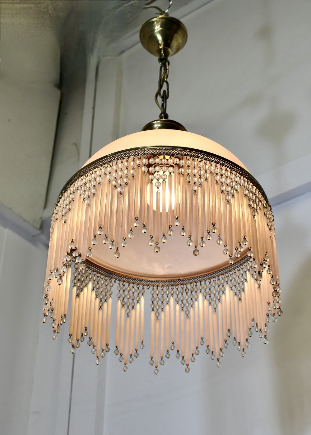French Art Deco Pink Glass Light with Beaded Shade View IV