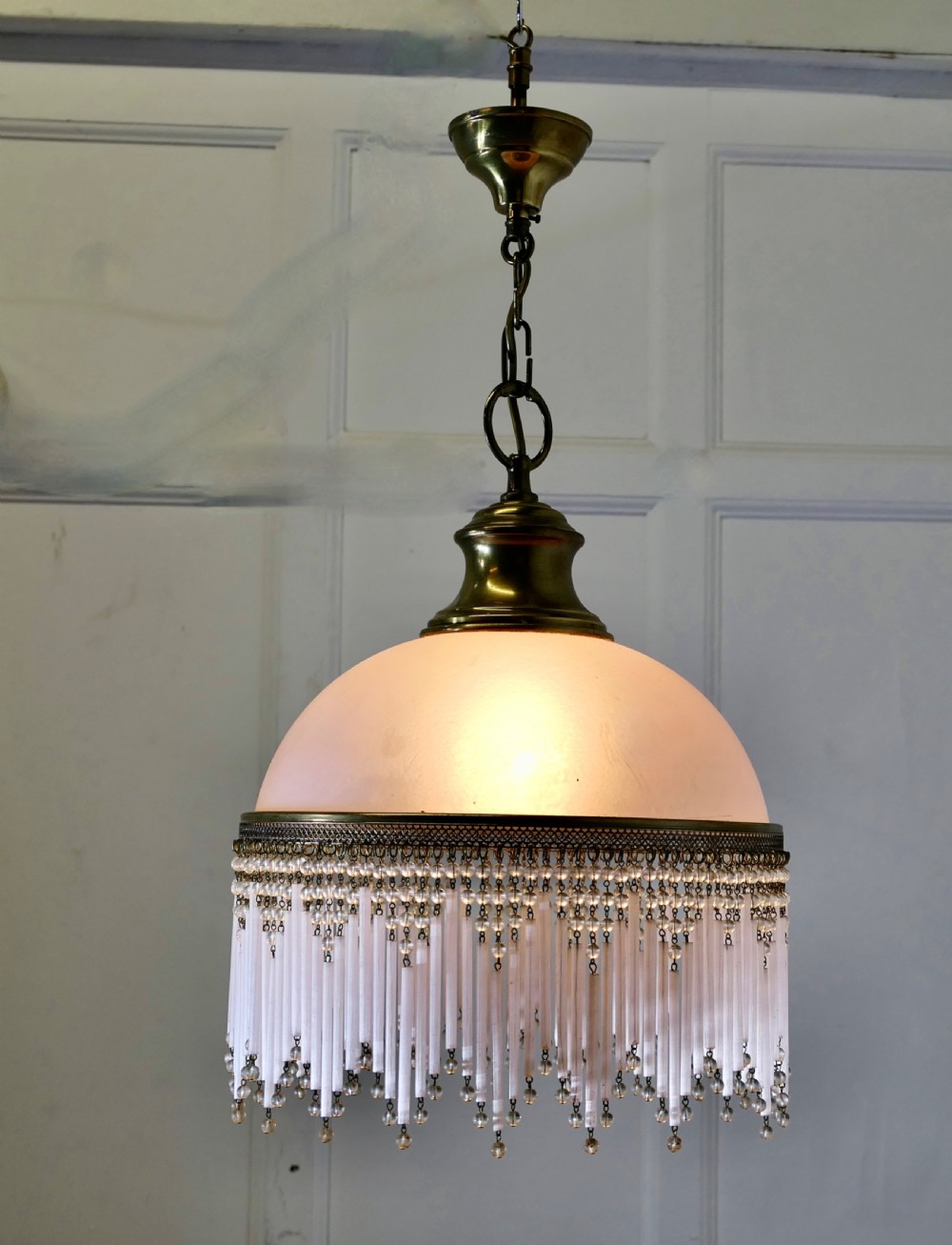 French Art Deco Pink Glass Light with Beaded Shade View VII