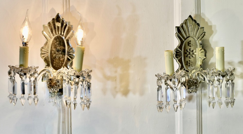 A Pair of Art Deco Venetian Glass Girandole Wall Lights 